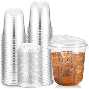 Baderke 50 Pcs Plastic Cups with Sip Lids Round Bottom Disposable Plastic Coffee Cups with Lids Clear Strawless Crystal Mugs for Iced Coffee Smoothie Cold Beverage Party Catering Supplies (12 oz)