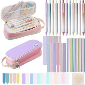 40 Pcs Aesthetic School Supplies with Big Pencil Case Bible Book Annotation Kit 12 Pastel Highlighters 12 Cute Quick Dry Gel Ink Pens 12 Pencils Sticky Notes Index Tabs for School(Purple)