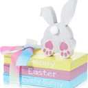 Ferraycle 4 Pcs Easter Table Decorations Bunny Tail Tiered Tray Decor Happy Easter Centerpiece Farmhouse Wooden Block Signs Decorative Book Spring Decorations for Kitchen Home Shelf Office