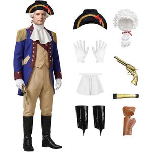 Founding Father Costume Set Colonial Costume for Men with Wigs Captain's Cap Accessories Revolutionary War Outfit, Size: Large