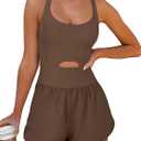 Caracilia Women's Workout Athletic Romper Summer Sets Short Jumpsuits Onesie Running Outfits Exercise Gym 2025 Trendy Clothes (Coffee) S