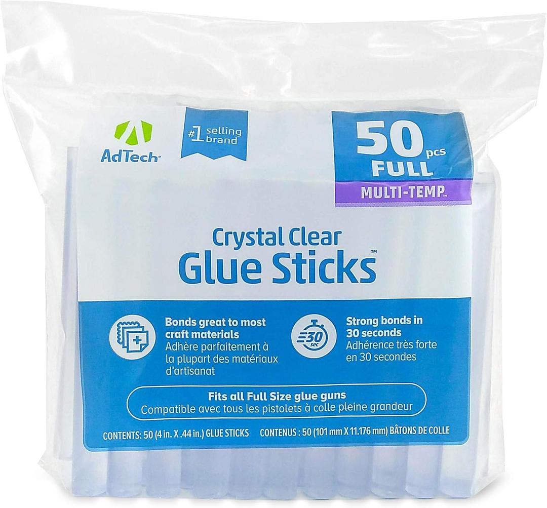 AdTech Crystal Clear Hot Glue Gun Sticks (W220-14ZIP50) Full Size Hot Glue Sticks. All-purpose glue sticks for crafting, scrapbooking & more. 50 pieces. Length: 4 Diameter: .44.