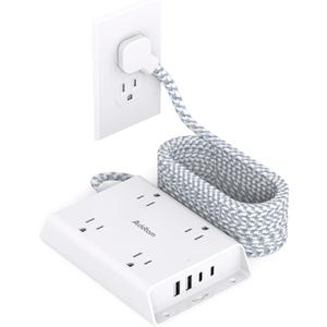 Surge Protector Power Strip 10 ft, Addtam Flat Plug Extension Cord with 4 USB Wall Charger(2 USB C Port), 4 Widely Outlets Desk Charging Station, Home Office and College Dorm Room Essentials (White)