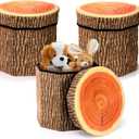 Lawei 3 Pack Tree Stump Storage Stools, 12 x 12 Inches Folding Stool Ottoman with Foam Cushion, Collapsible Storages Seat Chest, Vintage Storage Toy Box Wood Stump Organizer Stools for Toy