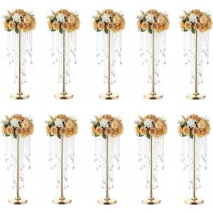 Bigsee 10 Pcs 21.65 inches Crystal Flower Stand Wedding Centerpieces for Tables, Tabletop Gold Metal Flower Arrangement Holder, Elegant Bulk Metal Vases for Reception Party Ceremony Decoration