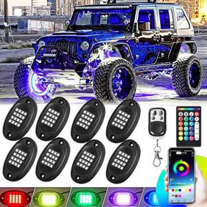 8 Pods RGB LED Rock Lights for Jeeps Trucks Golf Cart ATV UTV RZR SUV Offroad Pickup Car, Waterproof Multicolor Underglow Kit with APP Music Mode Underbody Neon Light Vehicle Underneath Accent 12V