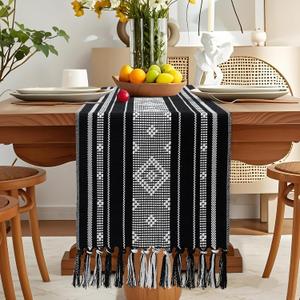 OTOSTAR Black Table Runner 13x60 Inches Boho Rustic Table Runner with Tassels Farmhouse Kitchen Dining Macrame Table Decoration for Christmas Home Wedding Party Birthday Holiday Decor (Black)