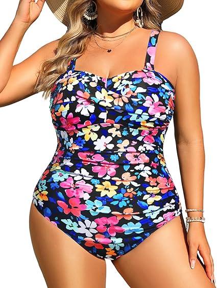Aqua Eve Womens Plus Size One Piece Swimsuit - Ruched Tummy Control Bathing Suit Twist Front Swimwear (Colorful Floral) M/16W