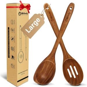 2 Pack Large Wooden Spoon Set for Cooking, Natural Teak Wood Slotted Spoon, Heat-Resistant Wooden Cooking Spoon Set for Serving and Mixing
