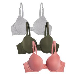 3 Pack Fruit of the Loom Women's Smooth Cotton T-Shirt Bra-Ultra-Soft, Flexible, and Invisible Under Tees, Desert Dusk/Grey Heather/Olive, Size 38D