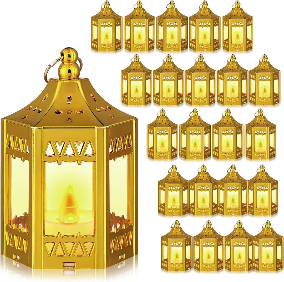 Hortsun 20 Pcs Mini Lantern Centerpiece LED Candles Wedding Decorative for Table Battery Powered Hanging Tealight for Wedding Ramadan Diwali Home Decor(Shiny Gold)