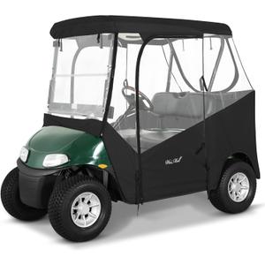 Golf Cart Enclosure 2 Passenger for EZGO TXT RXV 2-Seater 600D Waterproof Transparent Driving Rain Cover 57.5 Inch Roof 4-Sided Clear Windows Roll-Up Door Black