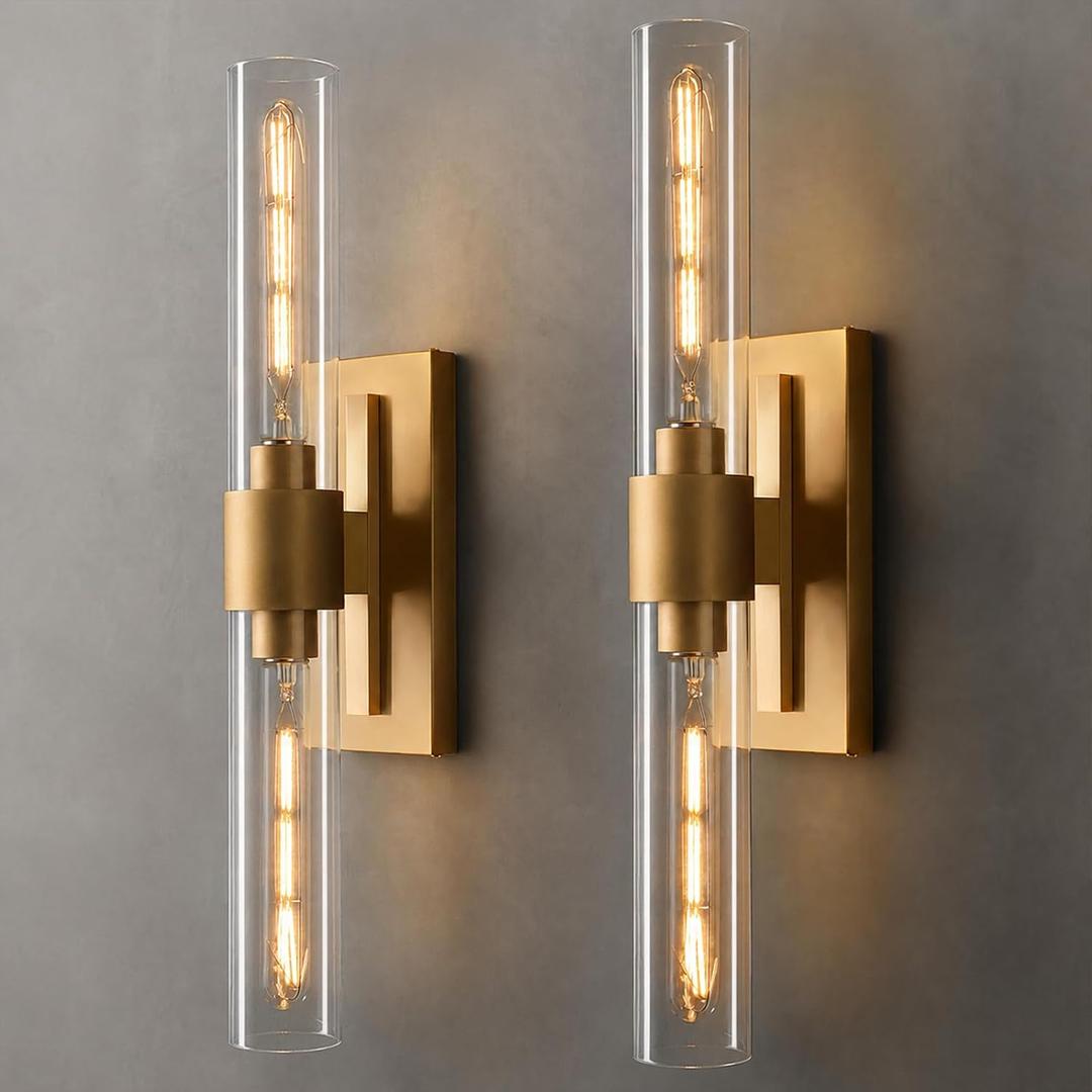 Gold Wall Sconces Set of Two - Hardwired Brass Light Fixture， Bulb Included | Luxury Tube Glass Sconce - Vertical or Horizontal Mount Dimmable Light Fixture for Bathroom Living Room Bedroom Entry Porch, 2 Pack