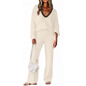 Womens 2 Piece Outfit Sweater Lounge Sets V Neck Knit Pajama Set Loungewear (White, S)