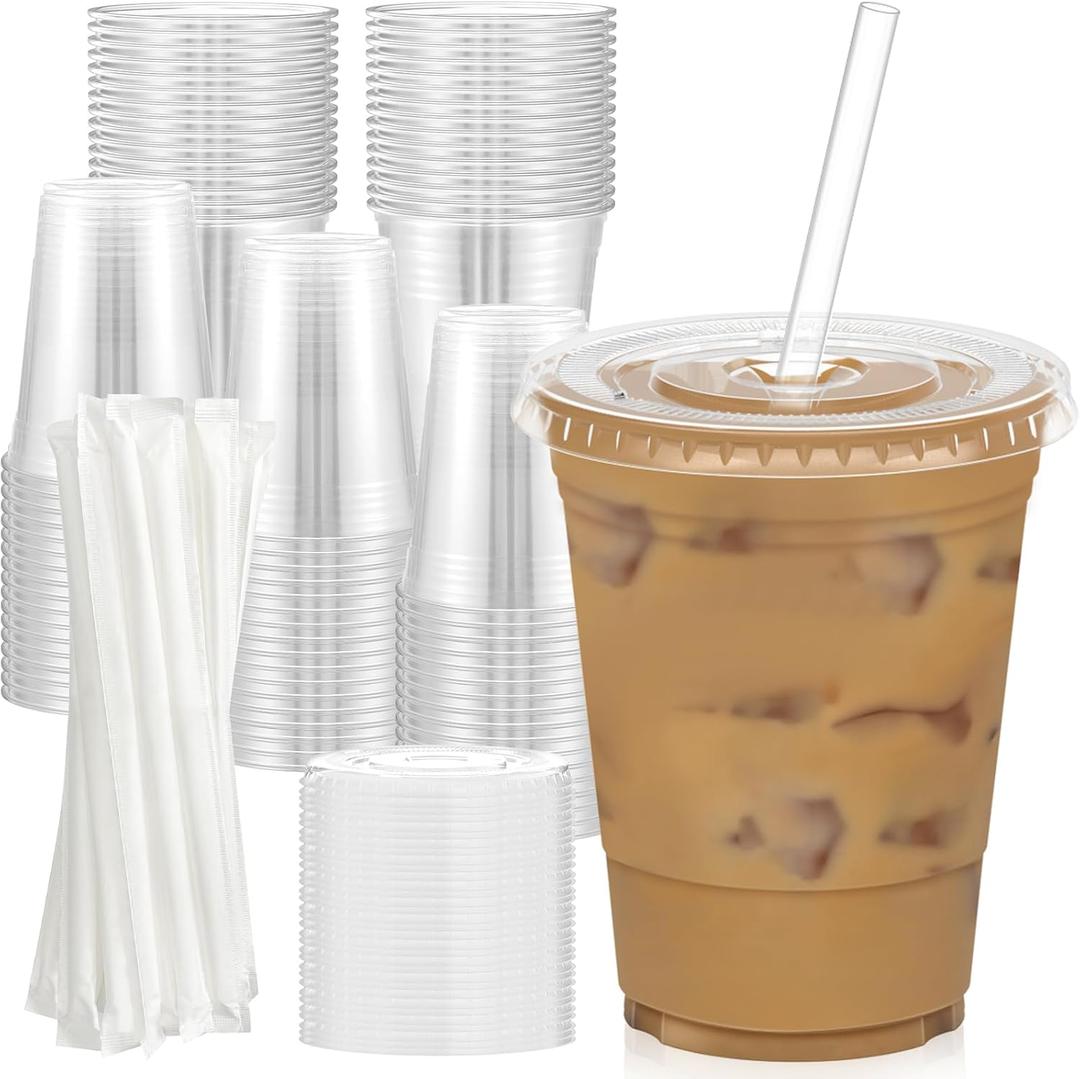 Dealusy 100 Pack - 16 oz Clear Plastic Cups with Lids and Straws, Sturdy & Food Safe Iced Coffee Cups with lids, Disposable Plastic Smoothie Cups for Cold Drinks