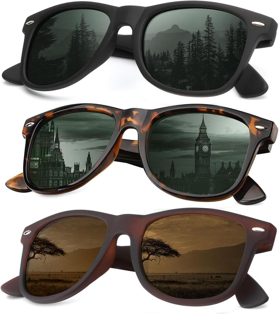 KALIYADI Sunglasses Men Polarized for Mens and Womens Unisex Sun Glasses for Driving UV Protection, B08-(3 Pack) G15/Tortoise/Brown, multicolored