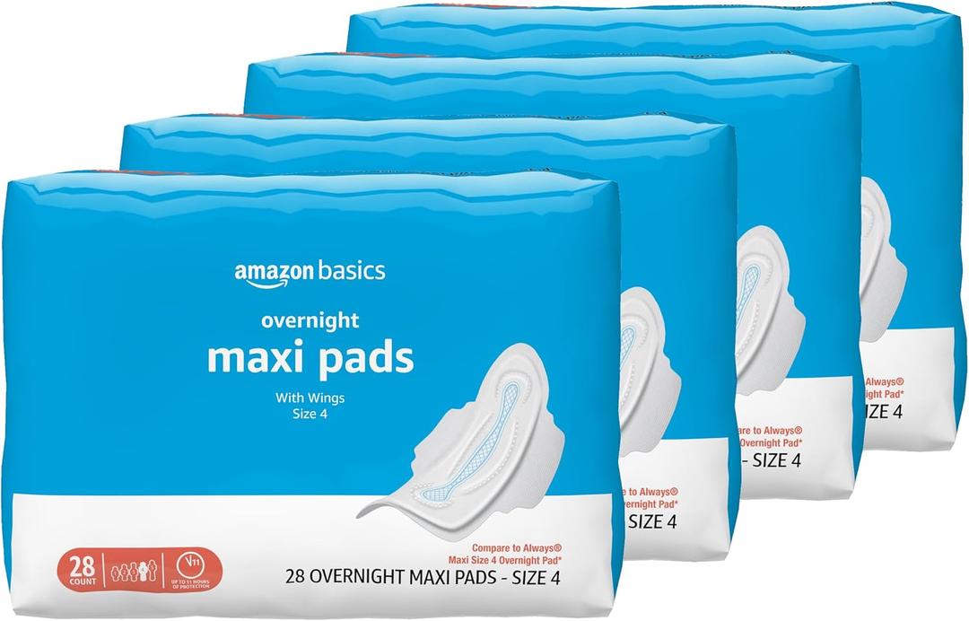 Amazon Basics Thick Maxi Pads with Wings for Periods, Overnight Absorbency, Feminine Pads, Unscented, Size 4, 112 Count (4 Packs of 28)