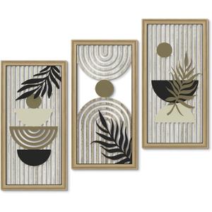 Putuo Decor Boho Abstract Wall Art, Set of 3, Modern Geometric Botanical Wooden Wall Decor, Mid-Century Minimalist Framed Artwork, Neutral Toned Aesthetic Prints, for Living Room, Bedroom, Office (Caramel)