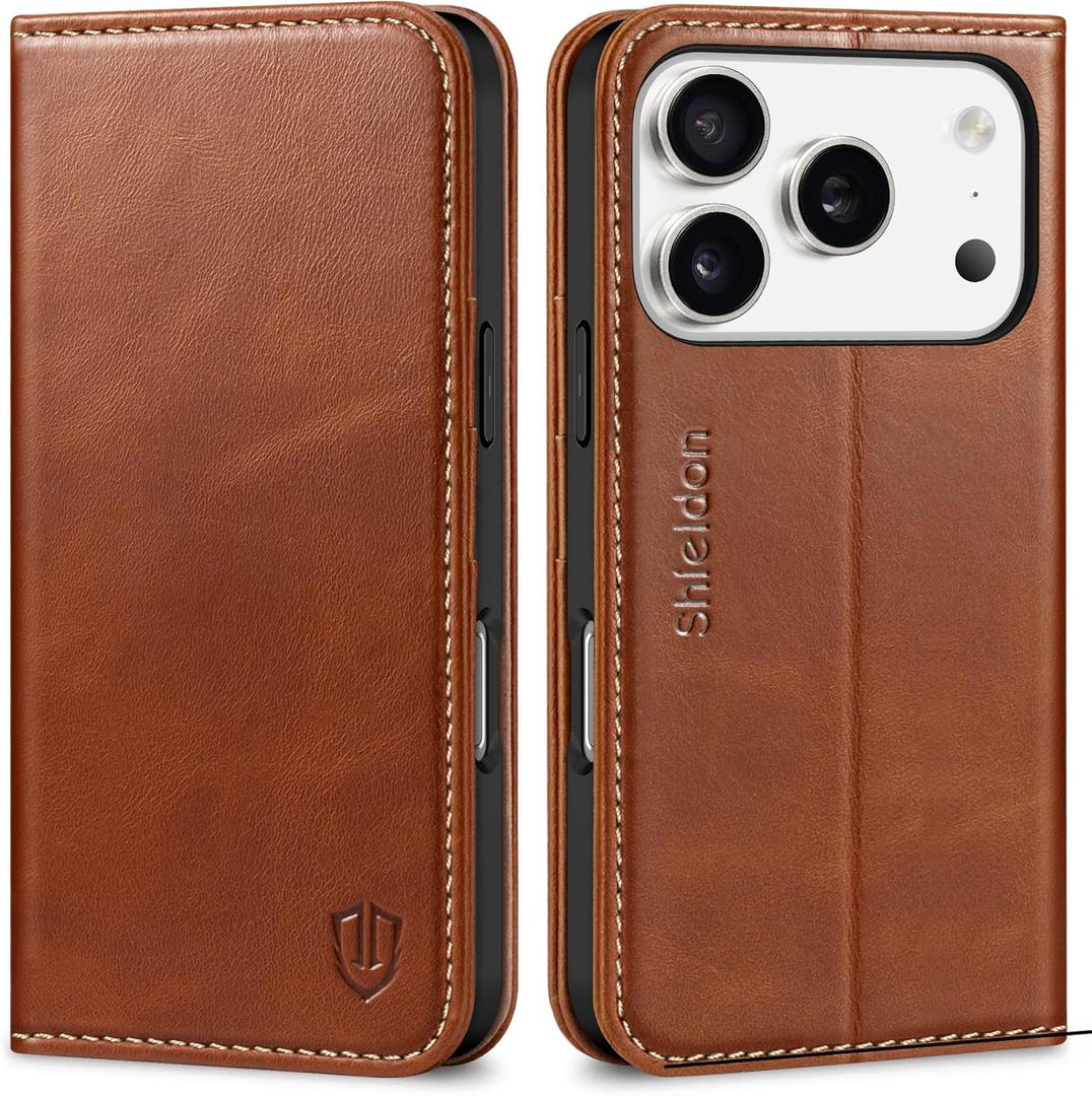 SHIELDON Genuine Leather Wallet Case for iPhone 17 Pro 6.3" 2025 | Flip Cover | Magnetic Closure | RFID Blocking Credit Card Holder | Kickstand | Shockproof Phone Cover | Retro Brown