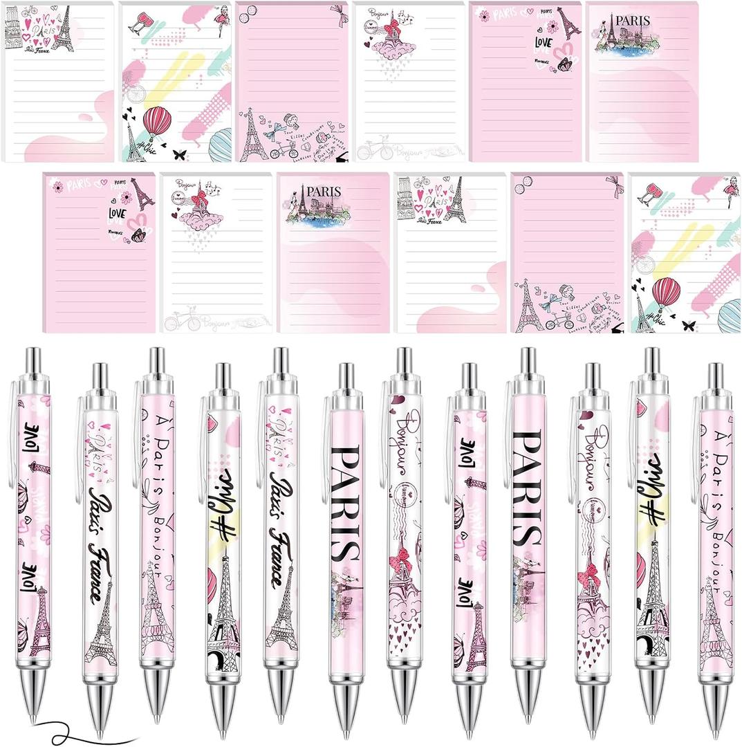 Gilprop 24 Pcs Paris Gifts Set Paris Notepads with Pens Cute Self Stick Notes Pens for Lover Sticky Notes Ballpoint Bulk for Traveler Birthday Party Gifts(Pink)