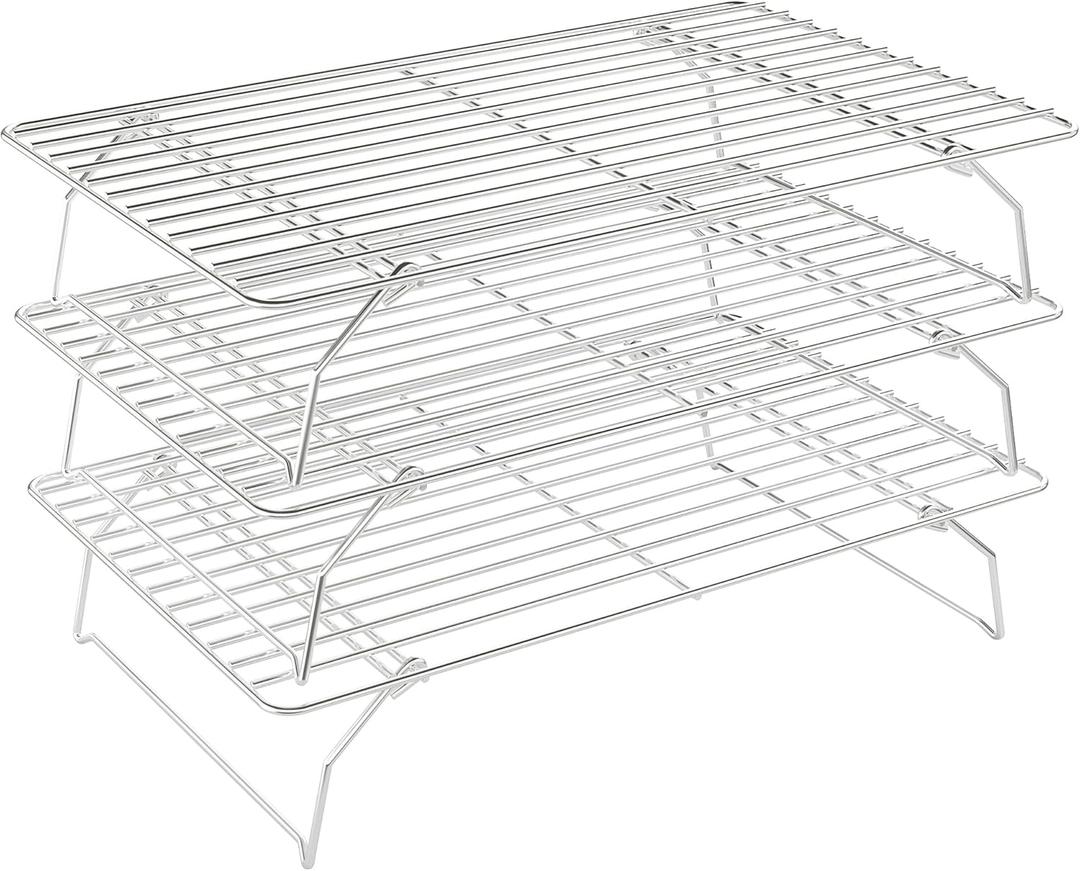 3 Tier Stackable Cooling Rack for Batch Cooling Cookie, Pizza, Cake-15.8x 10- Heavy Duty Cooling Racks for Cooking and Baking, Oven and Dishwasher Safe Baking Supplies-Silver