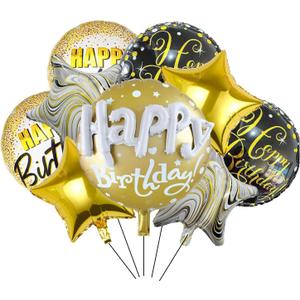 8PCS Happy Birthday Foil Balloons 18inch Black Gold Round Aluminum Mylar Balloon Inflatable Balloons for Birthday Party Decorations Supplies