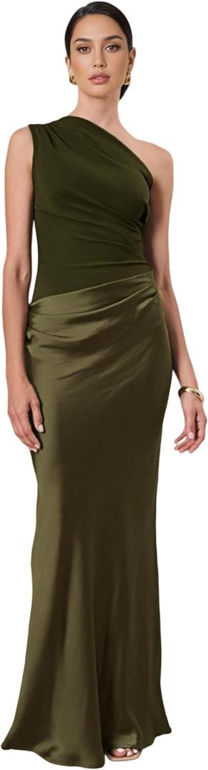RARITYUS Womens Elegant One Shoulder Maxi Dress Satin Ruched Bodycon Wedding Guest Dress Flowy Cocktail Evening Dresses, Small, Army Green