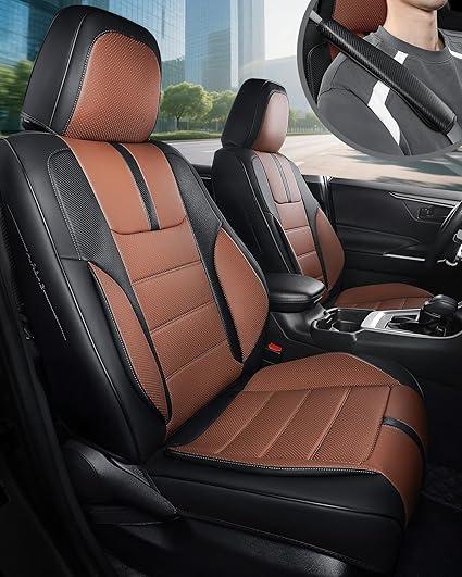 FREESOO Black Brown Car Seat Covers Full Set - Faux Nappa Leather Seat Covers for Cars, with Front Seatbelt Pads, Ultra Waterproof Cushion Protectors Fit for Most 5 Seats Sedans SUV Trucks Pick-ups