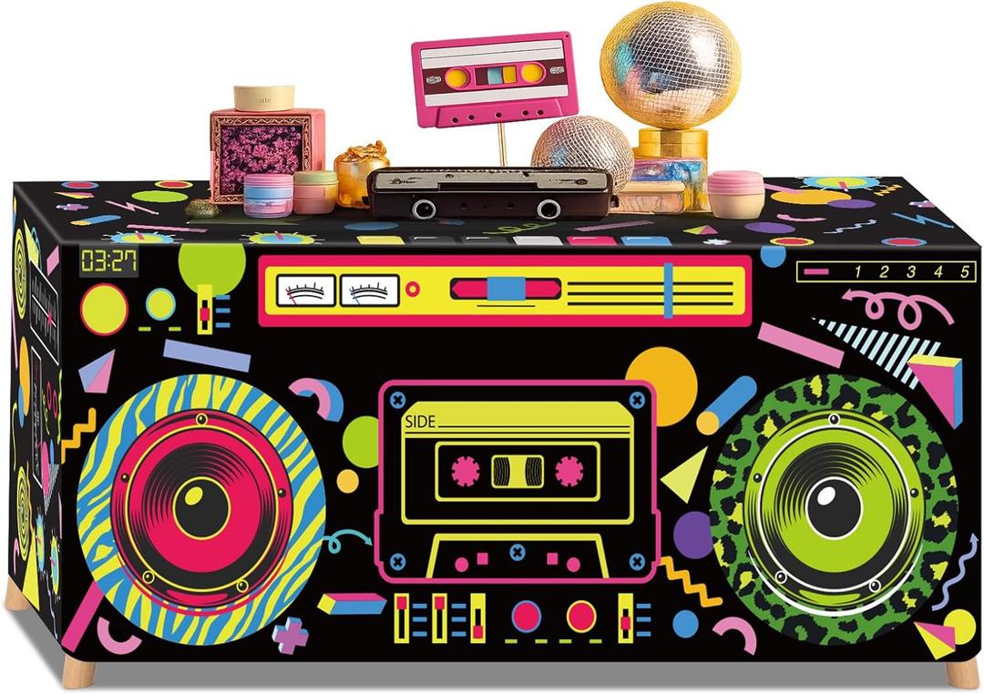 Frienda 6FT 80s 90s Theme Tablecloth 80s Birthday Table Cloth Retro Radio Table Cover Hip Hop Party Decoration 90s Theme Supplies for Back to 80's 90's Hip Hop Birthday Party Decor Supplies
