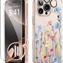 GVIEWIN for iPhone 16 Pro Max Case, with Screen Protector & Camera Lens Protector, Floral Shockproof Protective Bumper Slim Clear Phone Cover for Women 2024 6.9", Flower/Light Blue