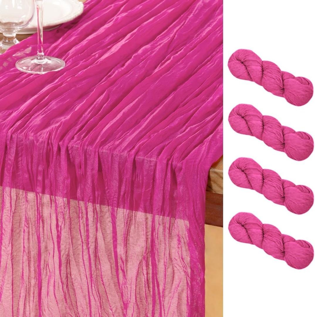 DeZerlor Hot Pink Cheesecloth Table Runner 4 Pack Spring Easter Table Runners Boho Gauze 120 Inches Fuschia Cheese Cloth Table Decor for Wedding Bridal Baby Shower Parties