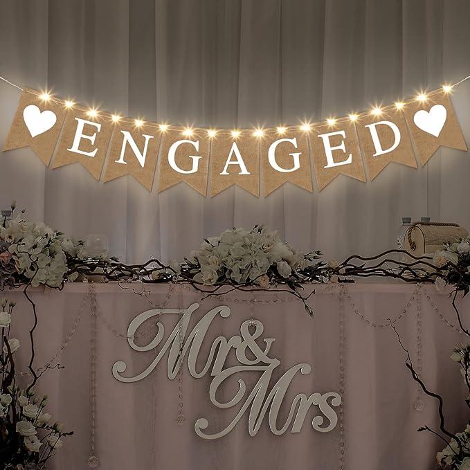 Engagement Party Decorations Engaged Banner Heart Burlap Rustic Bunting Garland LED Fairy Lights Battery Operated String Lights for Congratulations Engaged Party Outdoor Tree Decorations Wedding
