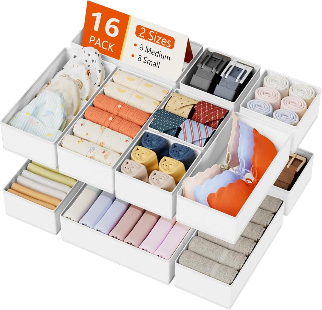 DIMJ Drawer Organizer Clothes Storage - 16 Pack Baby Dresser Organizer for Nursery, Foldable Drawer Dividers for Bedroom Closet Organization, Fabric Storage Bins for Socks, Underwears, Bras (White)
