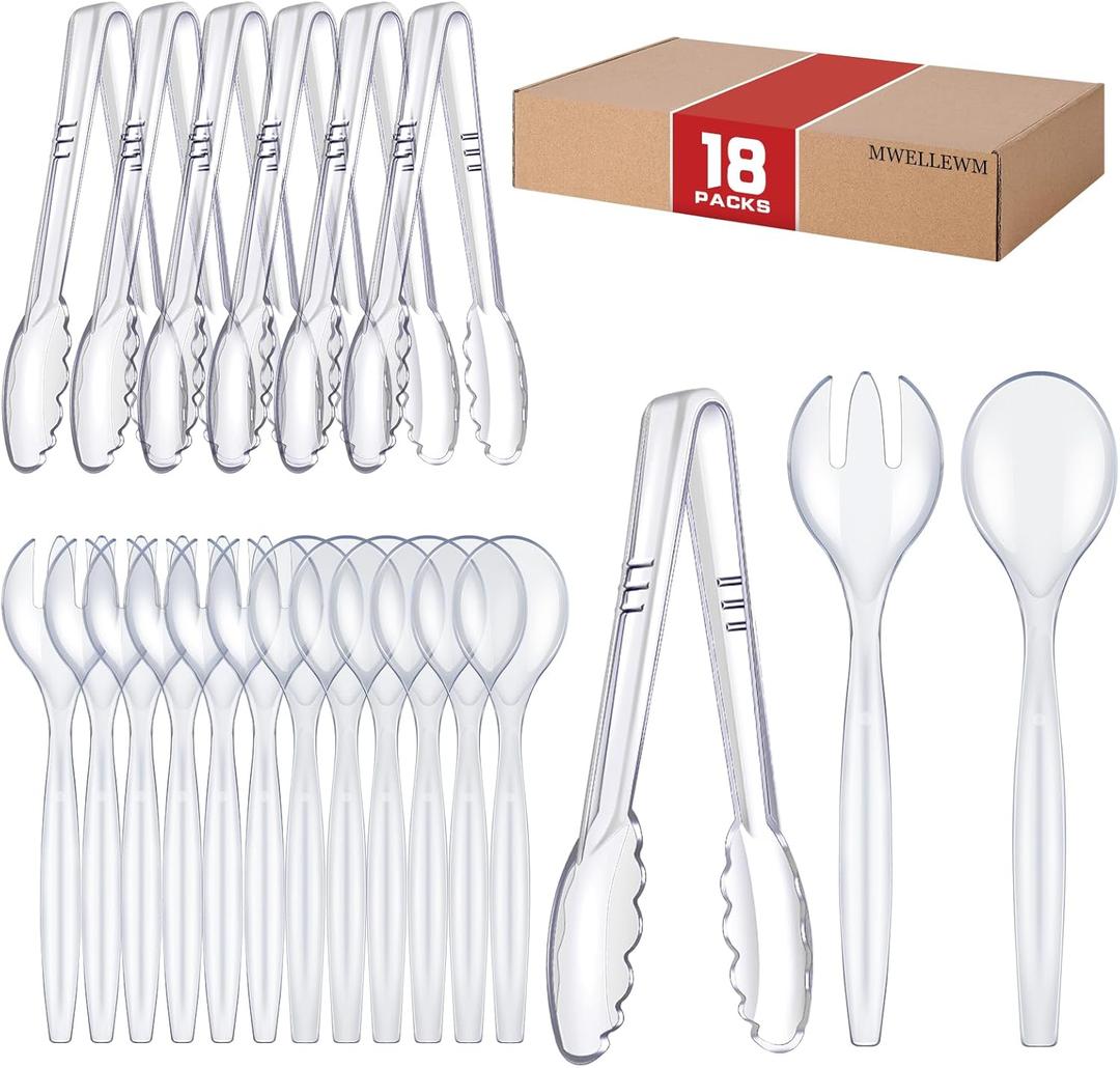 Mwellewm 18Pcs Serving Utensils, 10'' Plastic Serving Utensils Set, Large Disposable Serving Spoons for Buffet, Tongs for Serving Food, Party Supplies for Salad Soup Noodles Dinner Catering(Clear)