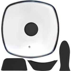 Square Glass Lid for Grill Pans with Steam Vent Hole - Fits Lodge Cast Iron Skillets 10.5inch/26.67cm Silicone Potholder- Square Tempered Glass Lid - Universal Replacement Cover Silicone Knob