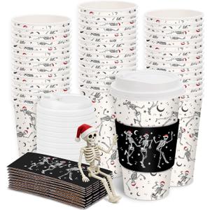 JarThenaAMCS 50Pcs 16Oz Christmas Disposable Coffee Cups with Lids and Sleeves Funny Dancing Skeleton Paper Drinking Cup for Xmas Birthday Party Supplies