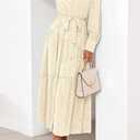 dowerme Women's Casual Dresses 2025 Fall Fashion Long Sleeve Button Up Floral Print Belted Tiered Boho Maxi Party Dress (S)