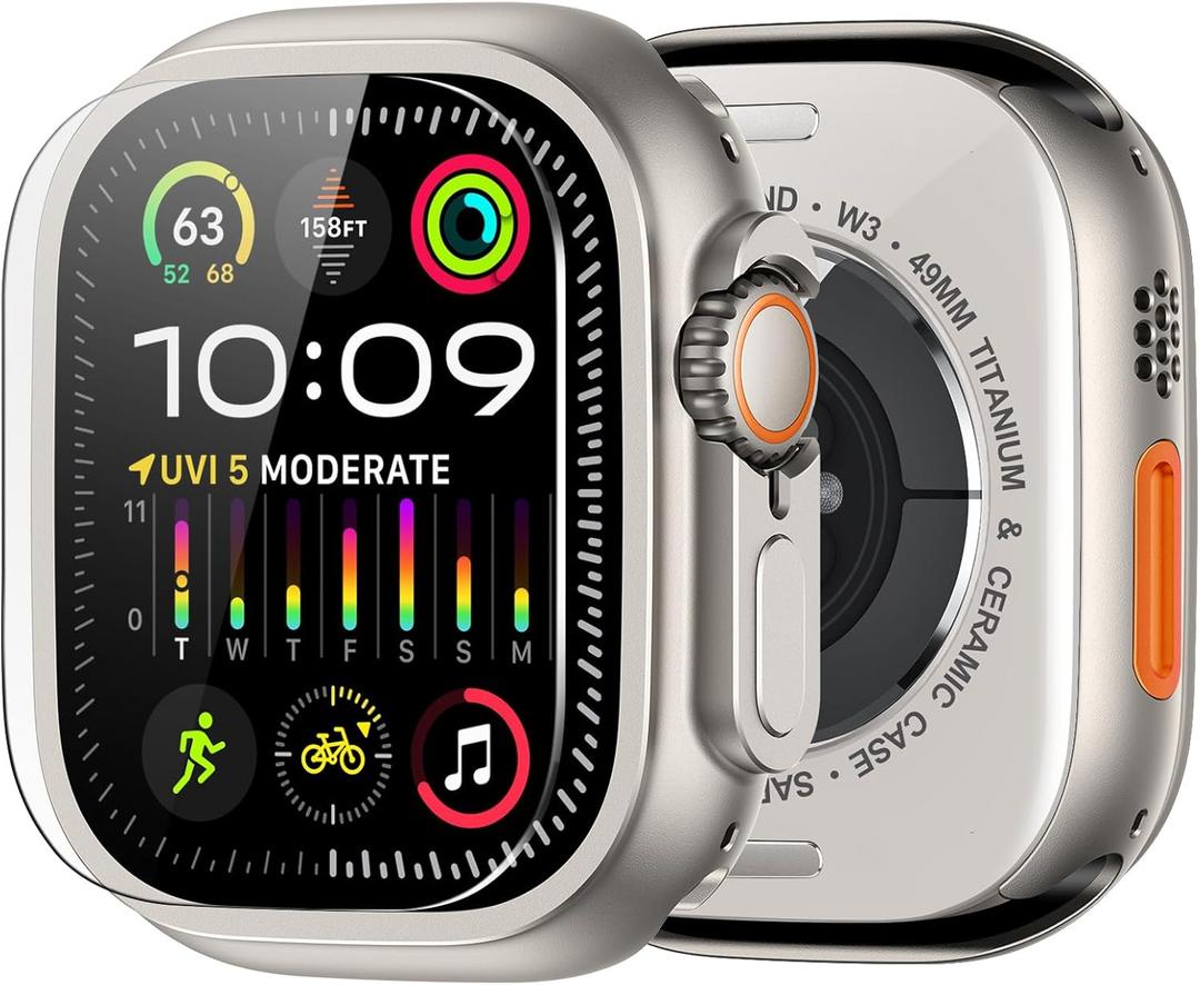 amBand for Apple Watch Ultra 2/Ultra Screen Protector 49mm, W1 Metal Case Rugged Bumper Titanium Frame + 9H Tempered Glass Film + Ceramic-Like Back Cover, Keep Original, Waterproof, Natural Titanium
