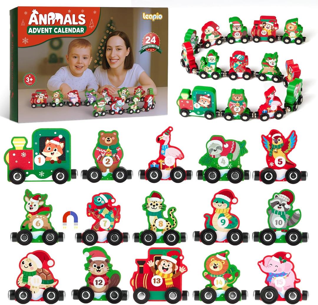 Train Advent Calendar 2025 Toddlers Kids, 24 Days Wooden Animals Train Set, Christmas Advent Calendar Train Countdown Gifts for Kids Toddlers Boys & Girls, Fun Montessori Train Set Xmas Holiday Gifts