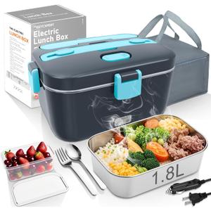 COZYEXPERT Electric-Lunch-Box-Heated-Food-Warmer 100W Heating Lunchbox for Adults 1.8L Portable Food Heater for Work/Car, 12V/24V/110-230V Lonchera Elctrica Porttil with Fork Spoon (Gray+Blue)