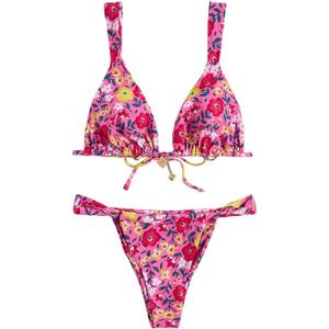 Women's 2 Piece Floral Print Bikini Set Triangle Bathing Suit Spaghetti Strap Tie Backless Swimsuit Sets (S)