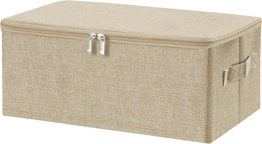 ANMINY Storage Bins with Zipper Lids 13 Qt Lidded Fabric Storage Boxes Baskets Cubes with Handles Collapsible Washable Cotton Linen Closet Shelf Clothes Organizer Containers - Beige, Small