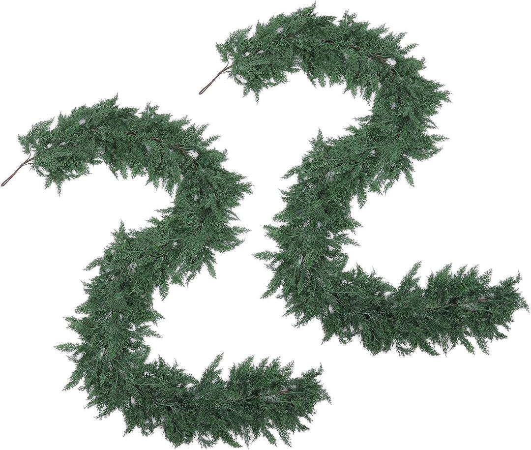 Hananona 9 FT Artificial Cedar Garlands, 2 Pcs Real Touch Winter Cedar Pine Garland, Green Artificial Greenery Garland for Table, Mantle, Wall, Indoor, Outdoor Christmas Decorations (2, 9 FT)