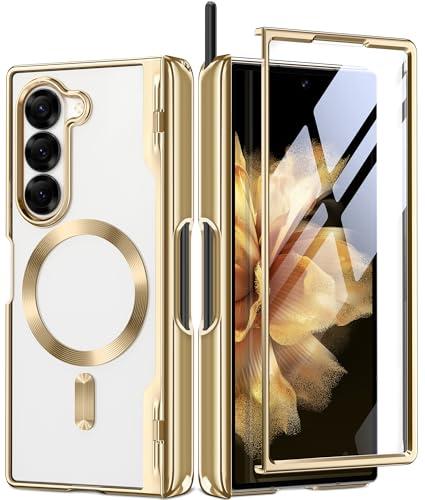 Upgraded Magnetic for Z Fold 6 Case with S Pen Holder, Compatible with Magsafe,[Built-in Screen Protector & Hinge Protection] Full-Body Plating Slim Phone Case for Samsung Galaxy Z Fold 6, Gold