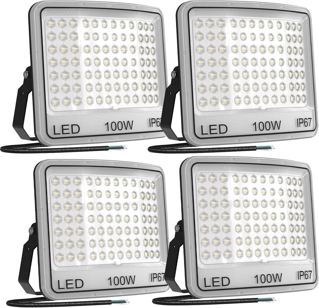 100W LED Flood Light Outdoor, 11000LM Super Bright, Stadium Lights IP67 Waterproof, 6500K for Garage, Yard, Lawn, Stadium, Garden, 9.85 x 12.6 x 2.6 inches, 4 Pack 