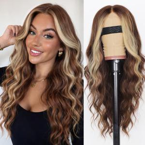 AISI HAIR Brown Mixed Blonde wig Wig for Women, Long Wavy Lace Hairline Middle Part Synthetic Heat Resistant Wig for Daily Party-26 Inch