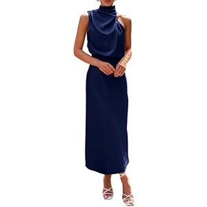 PRETTYGARDEN Women's 2025 Summer Satin Dress Elegant Sleeveless Mock Neck Cocktail Party Maxi Dresses (Dark Navy, Small)