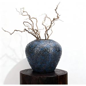 Rustic Blue Ceramic Vase, 7.9" Vintage Terracotta Pottery Vase for Living Room, Table Centerpieces, Wide Mouth Blue Vases for Home Decor, Farmhouse Kitchen Decor, Decorative Navy Vase for Flowers