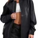 Womens Oversized Faux Leather Jackets Moto Biker Zip Up Bomber Coat Black, Large