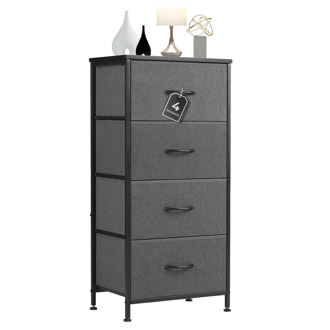 4 Drawer Dresser Fabric Storage Cabinet with Wood Top Steel Frame, Chest of Drawers Organizer for Bedroom Closet Office,Grey